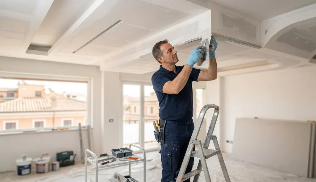Elegante controsoffitto in cartongesso con illuminazione LED realizzato a Roma da Romalcon