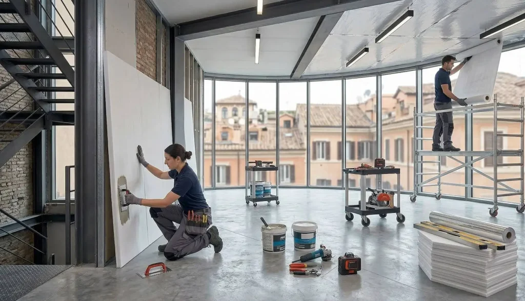 Dettaglio di una posa perfetta di pavimento in parquet a spina di pesce realizzata a Roma da Romalcon
