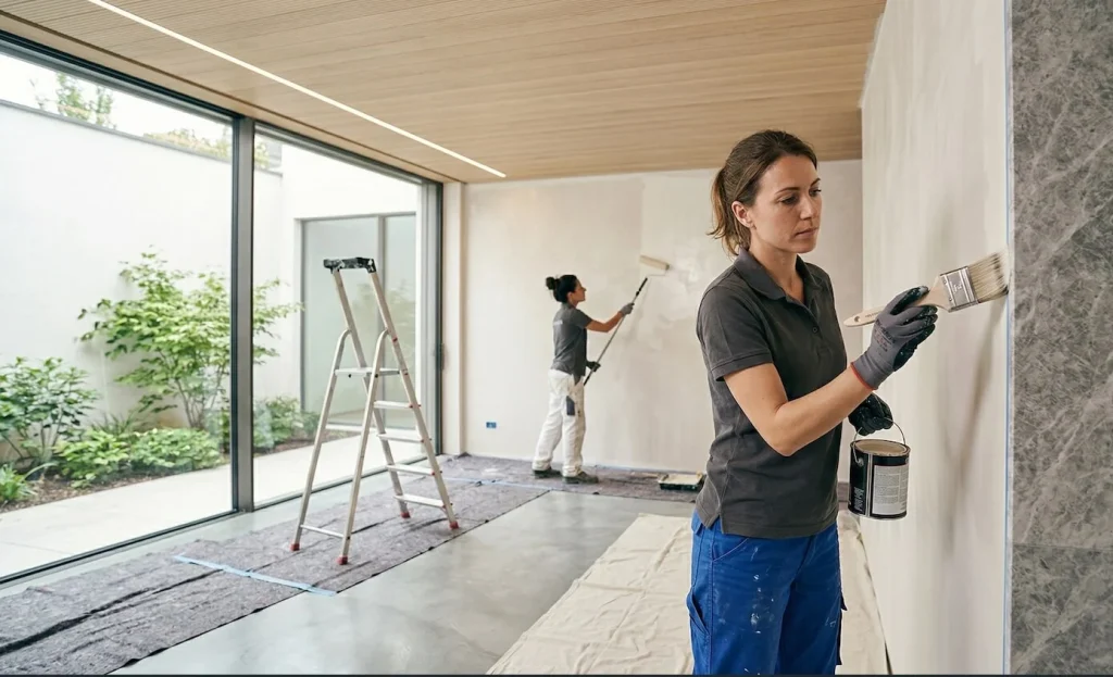 Soggiorno dal design moderno dopo un intervento di tinteggiatura professionale a Roma eseguito dal team Romalcon