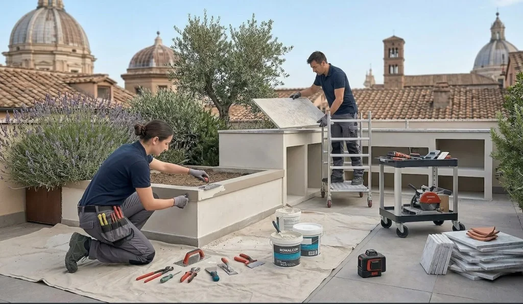 Dettaglio di una posa perfetta di pavimento in parquet a spina di pesce realizzata a Roma da Romalcon