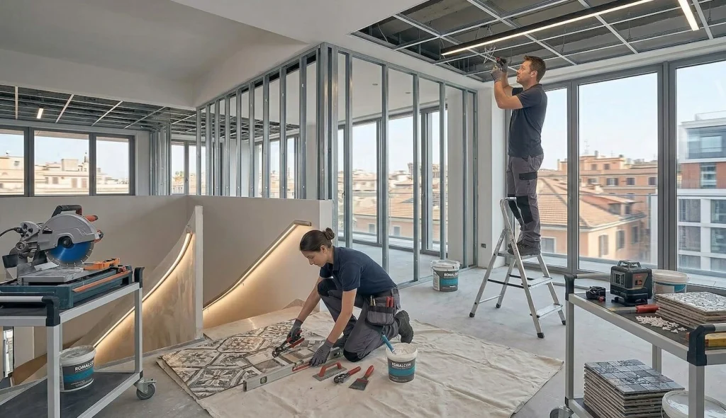 Ampio salotto moderno dopo una ristrutturazione appartamento a Roma curata da Romalcon